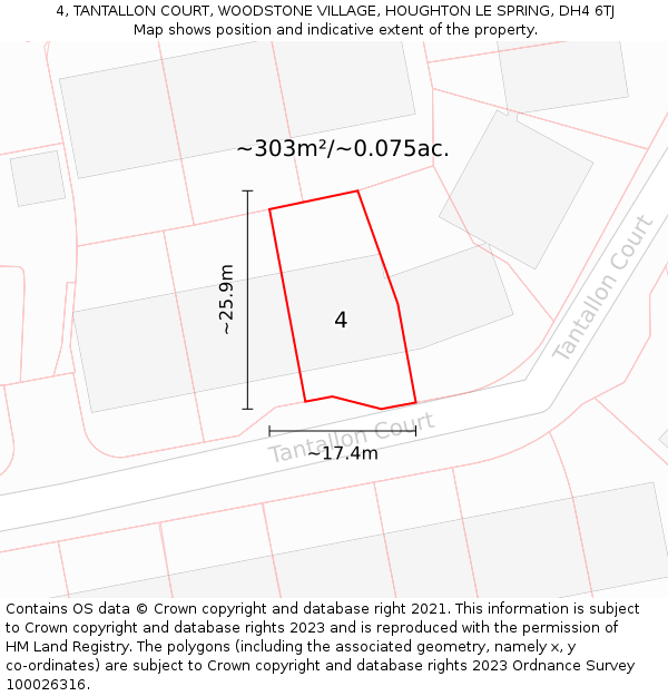 4, TANTALLON COURT, WOODSTONE VILLAGE, HOUGHTON LE SPRING, DH4 6TJ: Plot and title map