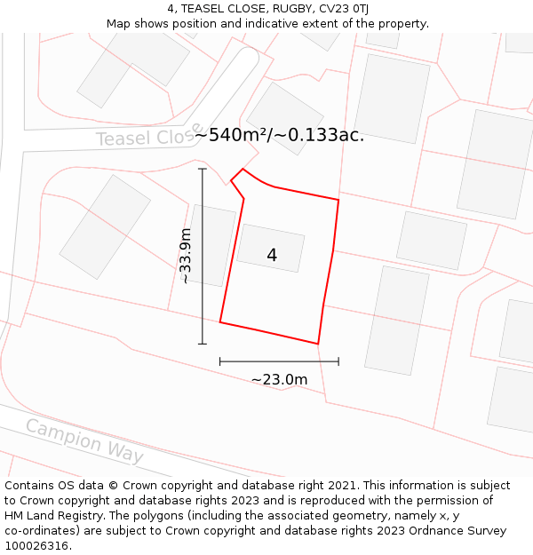 4, TEASEL CLOSE, RUGBY, CV23 0TJ: Plot and title map