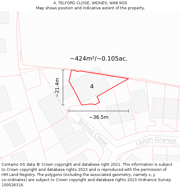 4, TELFORD CLOSE, WIDNES, WA8 9GS: Plot and title map