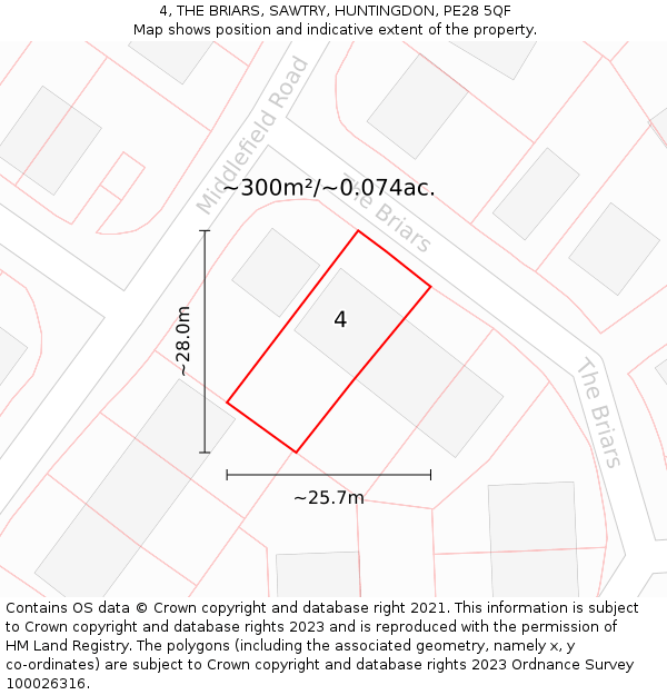 4, THE BRIARS, SAWTRY, HUNTINGDON, PE28 5QF: Plot and title map