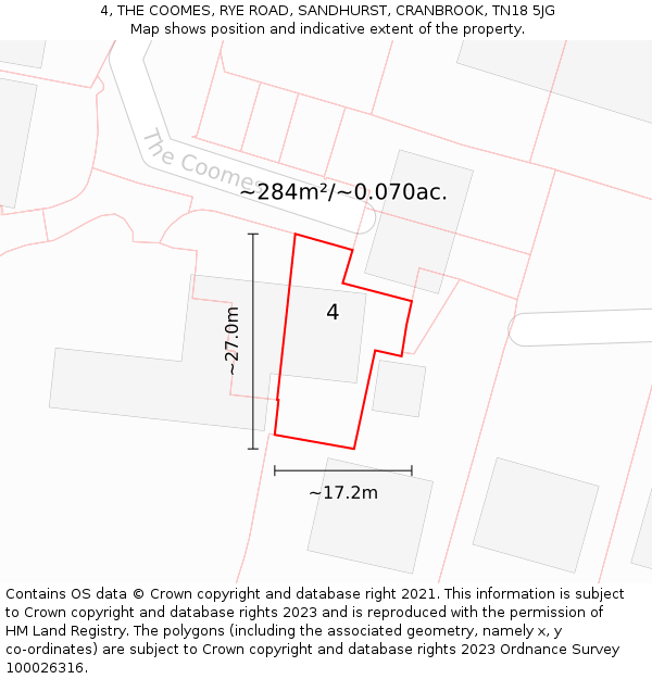 4, THE COOMES, RYE ROAD, SANDHURST, CRANBROOK, TN18 5JG: Plot and title map