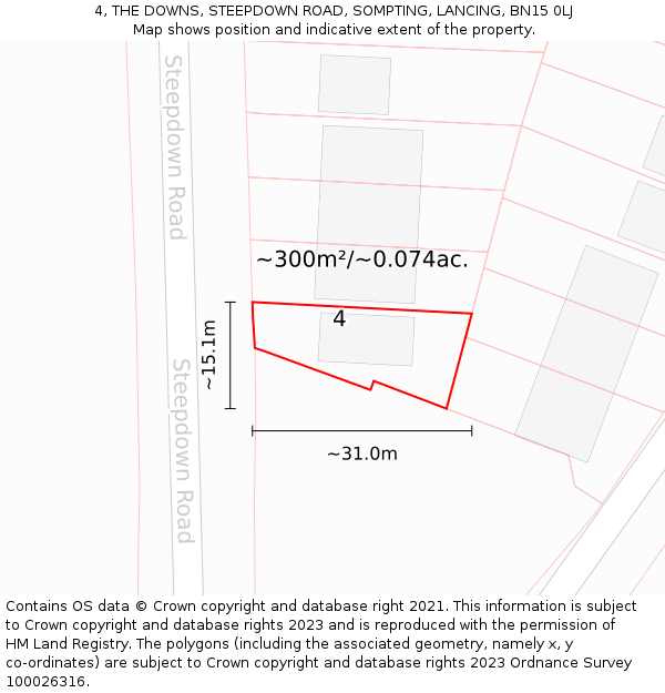 4, THE DOWNS, STEEPDOWN ROAD, SOMPTING, LANCING, BN15 0LJ: Plot and title map