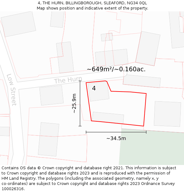 4, THE HURN, BILLINGBOROUGH, SLEAFORD, NG34 0QL: Plot and title map