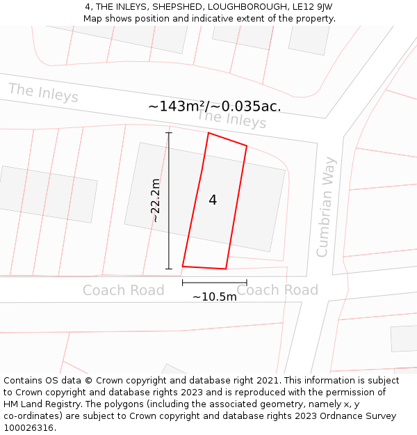 4, THE INLEYS, SHEPSHED, LOUGHBOROUGH, LE12 9JW: Plot and title map