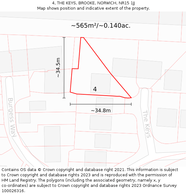 4, THE KEYS, BROOKE, NORWICH, NR15 1JJ: Plot and title map