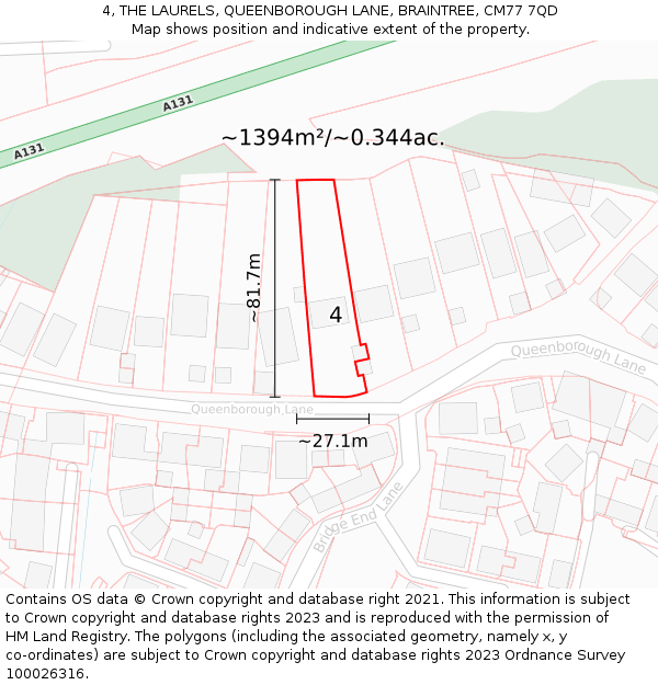 4, THE LAURELS, QUEENBOROUGH LANE, BRAINTREE, CM77 7QD: Plot and title map