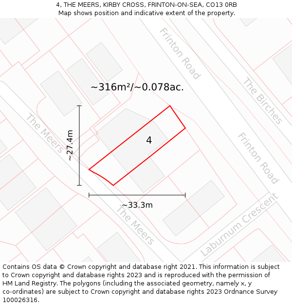 4, THE MEERS, KIRBY CROSS, FRINTON-ON-SEA, CO13 0RB: Plot and title map