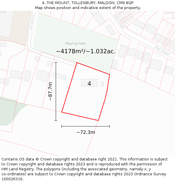 4, THE MOUNT, TOLLESBURY, MALDON, CM9 8QP: Plot and title map