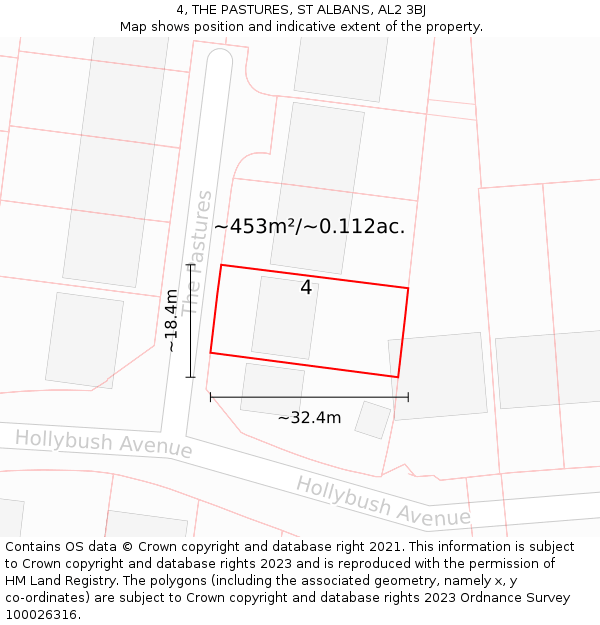 4, THE PASTURES, ST ALBANS, AL2 3BJ: Plot and title map