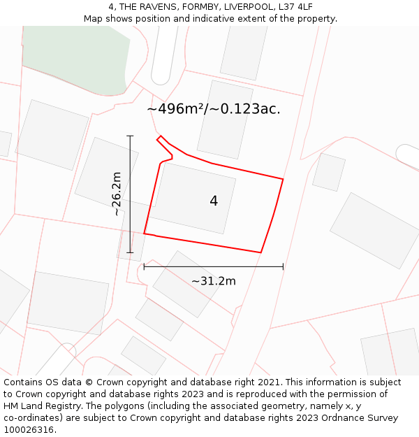 4, THE RAVENS, FORMBY, LIVERPOOL, L37 4LF: Plot and title map