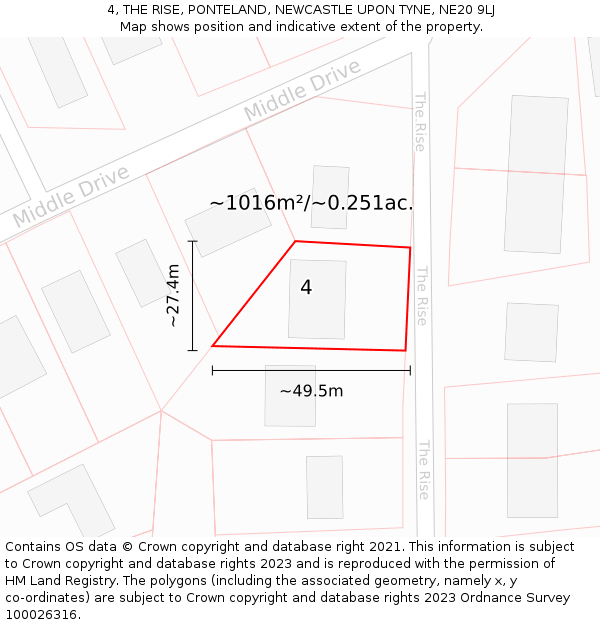 4, THE RISE, PONTELAND, NEWCASTLE UPON TYNE, NE20 9LJ: Plot and title map