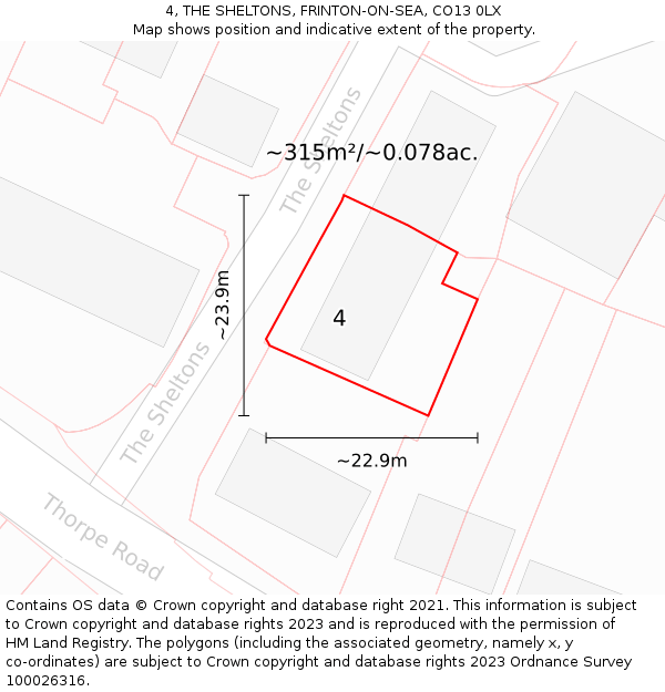 4, THE SHELTONS, FRINTON-ON-SEA, CO13 0LX: Plot and title map