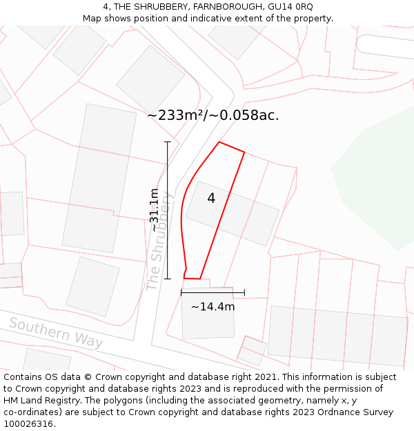 4, THE SHRUBBERY, FARNBOROUGH, GU14 0RQ: Plot and title map