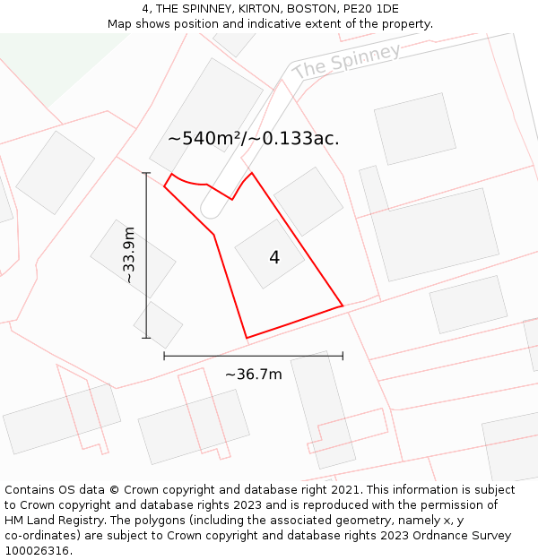 4, THE SPINNEY, KIRTON, BOSTON, PE20 1DE: Plot and title map