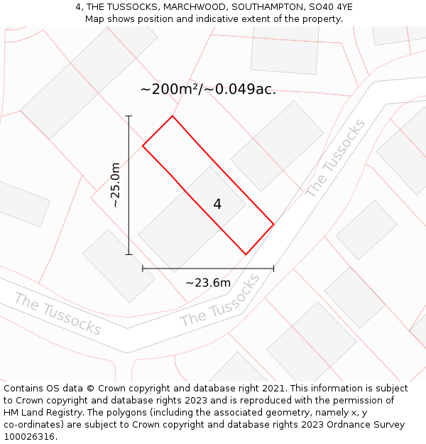 4, THE TUSSOCKS, MARCHWOOD, SOUTHAMPTON, SO40 4YE: Plot and title map