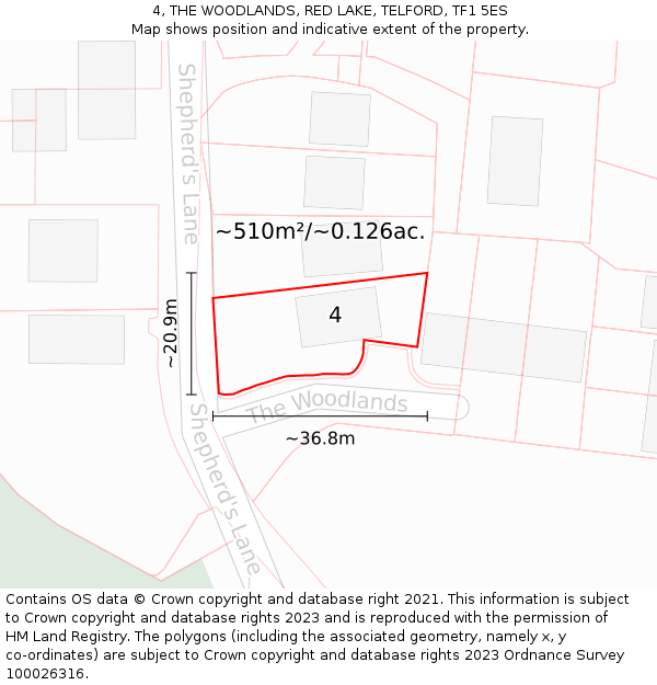 4, THE WOODLANDS, RED LAKE, TELFORD, TF1 5ES: Plot and title map