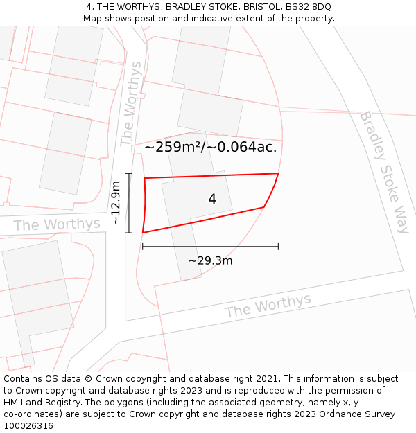 4, THE WORTHYS, BRADLEY STOKE, BRISTOL, BS32 8DQ: Plot and title map