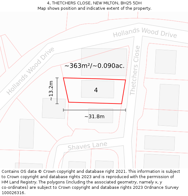 4, THETCHERS CLOSE, NEW MILTON, BH25 5DH: Plot and title map