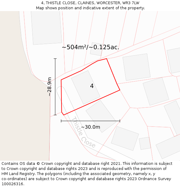 4, THISTLE CLOSE, CLAINES, WORCESTER, WR3 7LW: Plot and title map