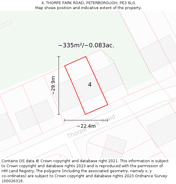 4, THORPE PARK ROAD, PETERBOROUGH, PE3 6LG: Plot and title map