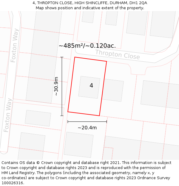 4, THROPTON CLOSE, HIGH SHINCLIFFE, DURHAM, DH1 2QA: Plot and title map