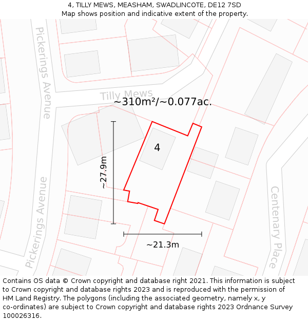 4, TILLY MEWS, MEASHAM, SWADLINCOTE, DE12 7SD: Plot and title map