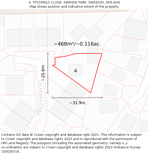 4, TITCHFIELD CLOSE, GRANGE PARK, SWINDON, SN5 6HS: Plot and title map