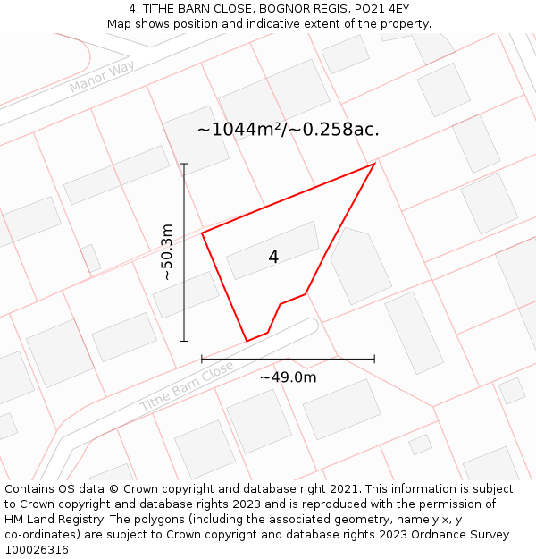 4, TITHE BARN CLOSE, BOGNOR REGIS, PO21 4EY: Plot and title map