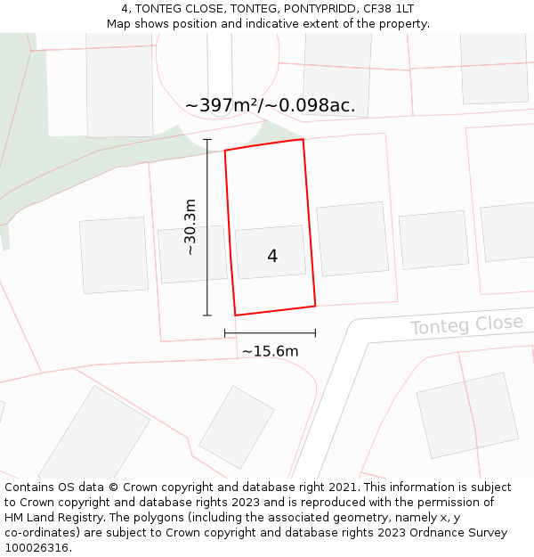 4, TONTEG CLOSE, TONTEG, PONTYPRIDD, CF38 1LT: Plot and title map