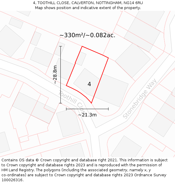 4, TOOTHILL CLOSE, CALVERTON, NOTTINGHAM, NG14 6RU: Plot and title map