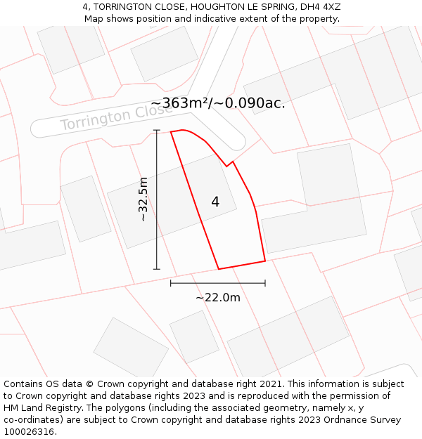 4, TORRINGTON CLOSE, HOUGHTON LE SPRING, DH4 4XZ: Plot and title map