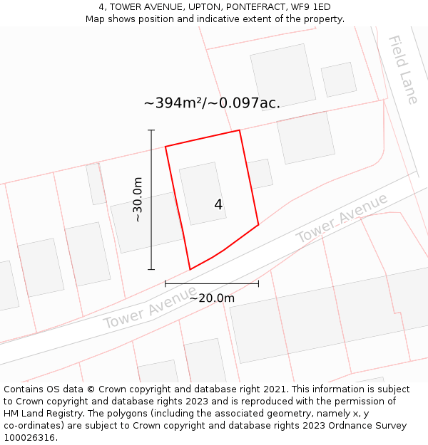 4, TOWER AVENUE, UPTON, PONTEFRACT, WF9 1ED: Plot and title map