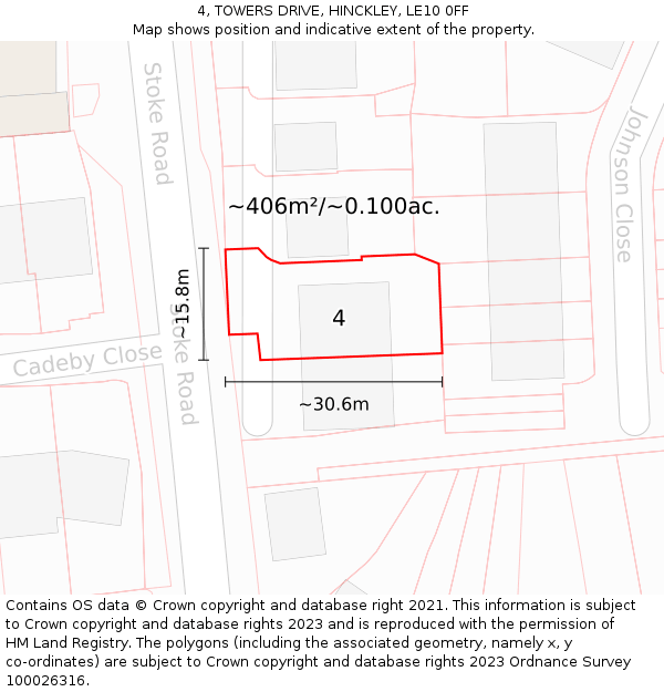 4, TOWERS DRIVE, HINCKLEY, LE10 0FF: Plot and title map