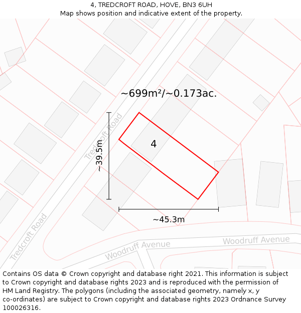 4, TREDCROFT ROAD, HOVE, BN3 6UH: Plot and title map