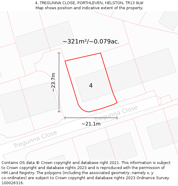 4, TREGUNNA CLOSE, PORTHLEVEN, HELSTON, TR13 9LW: Plot and title map