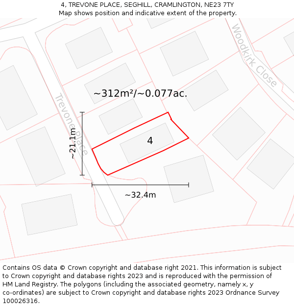 4, TREVONE PLACE, SEGHILL, CRAMLINGTON, NE23 7TY: Plot and title map