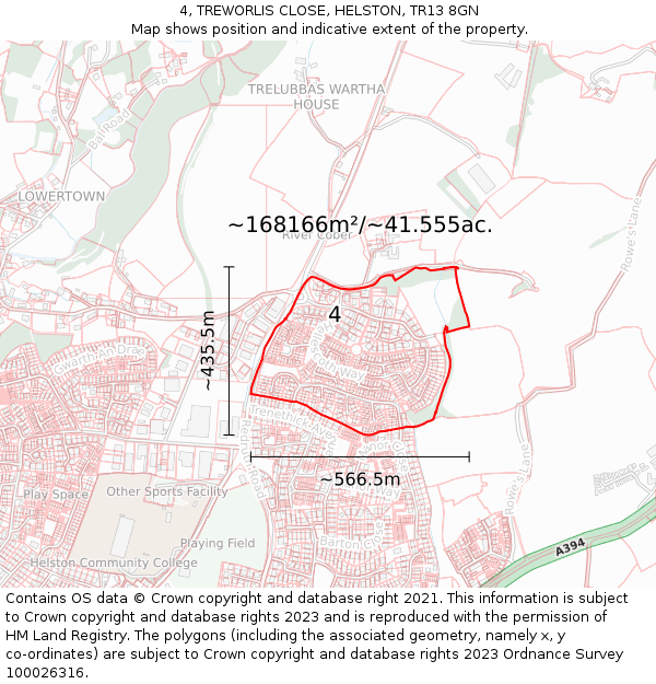 4, TREWORLIS CLOSE, HELSTON, TR13 8GN: Plot and title map