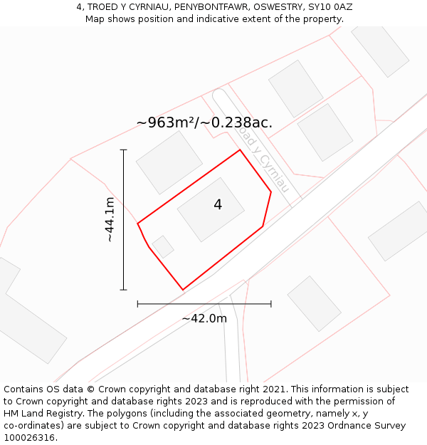 4, TROED Y CYRNIAU, PENYBONTFAWR, OSWESTRY, SY10 0AZ: Plot and title map