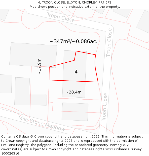 4, TROON CLOSE, EUXTON, CHORLEY, PR7 6FS: Plot and title map