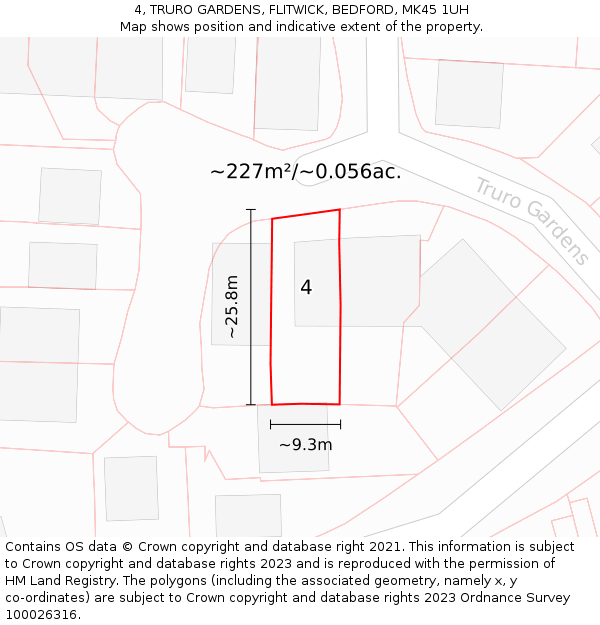 4, TRURO GARDENS, FLITWICK, BEDFORD, MK45 1UH: Plot and title map