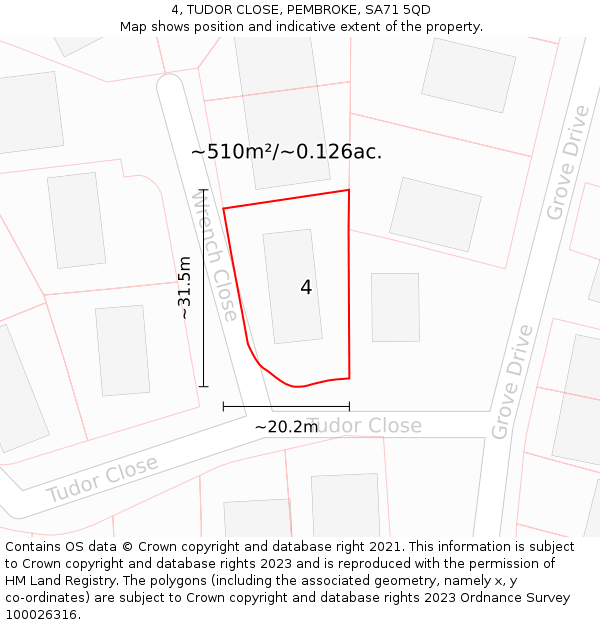 4, TUDOR CLOSE, PEMBROKE, SA71 5QD: Plot and title map