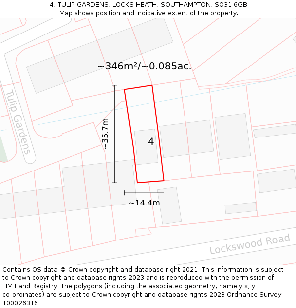 4, TULIP GARDENS, LOCKS HEATH, SOUTHAMPTON, SO31 6GB: Plot and title map