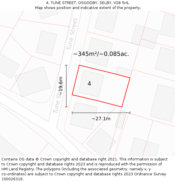 4, TUNE STREET, OSGODBY, SELBY, YO8 5HL: Plot and title map