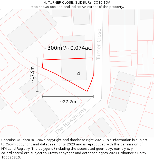 4, TURNER CLOSE, SUDBURY, CO10 1QA: Plot and title map