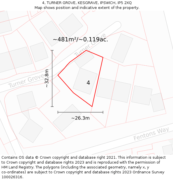 4, TURNER GROVE, KESGRAVE, IPSWICH, IP5 2XQ: Plot and title map