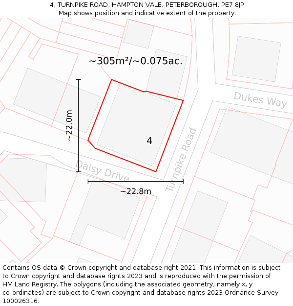 4, TURNPIKE ROAD, HAMPTON VALE, PETERBOROUGH, PE7 8JP: Plot and title map