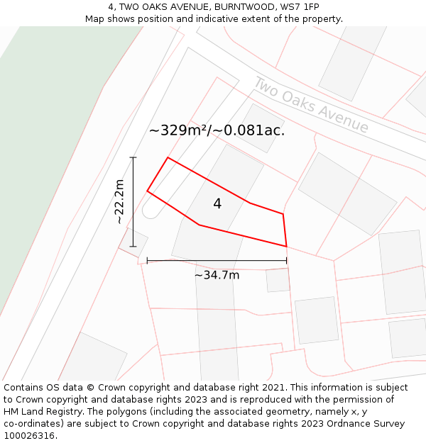 4, TWO OAKS AVENUE, BURNTWOOD, WS7 1FP: Plot and title map