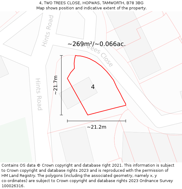 4, TWO TREES CLOSE, HOPWAS, TAMWORTH, B78 3BG: Plot and title map