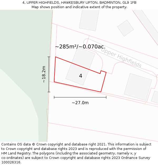 4, UPPER HIGHFIELDS, HAWKESBURY UPTON, BADMINTON, GL9 1FB: Plot and title map