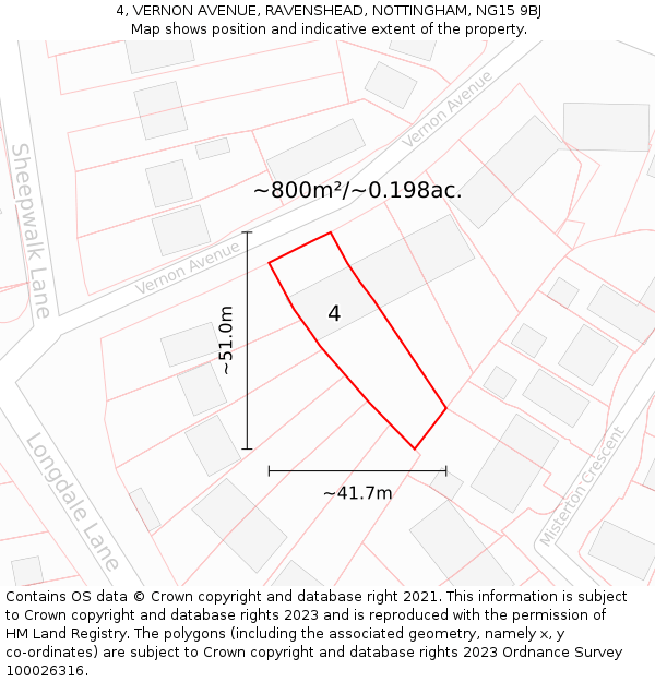 4, VERNON AVENUE, RAVENSHEAD, NOTTINGHAM, NG15 9BJ: Plot and title map